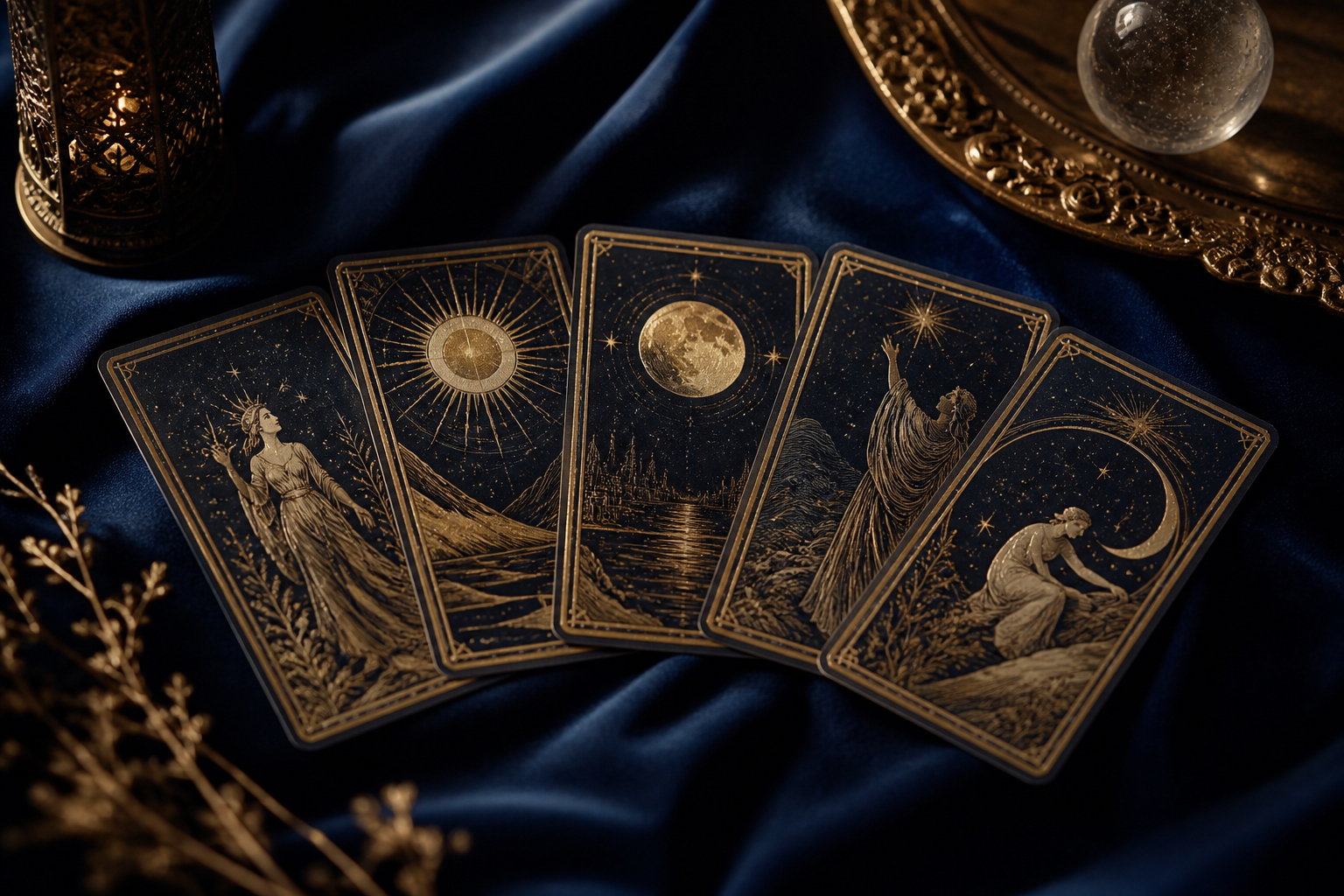 Art deco tarot lapok arany fénnyel, sötét bársonyon